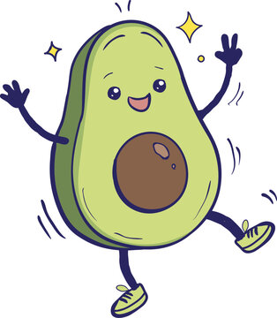 Cute dancing avocado kawaii character vector illustration with funny face expression, sneakers, and sparkles for kids sticker design