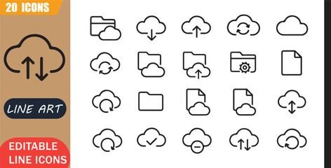 Isolated Cloud Storage Backup Icons Set, 20 editable line art icons set, file sync, digital backup, cloud document, storage technology, outline vector, simple outline signs © MD.Kawsar Hossan