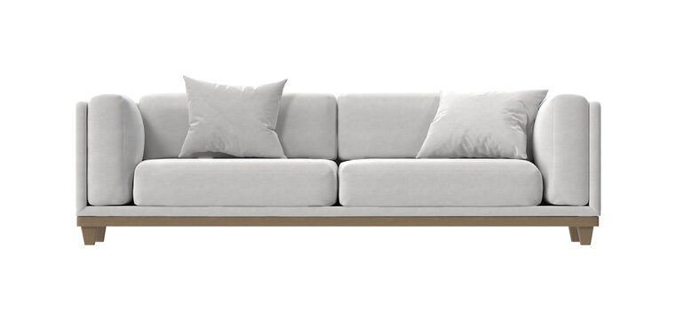 Modern Tuxedo Sofa with Wooden Plinth Base Front View on White Background