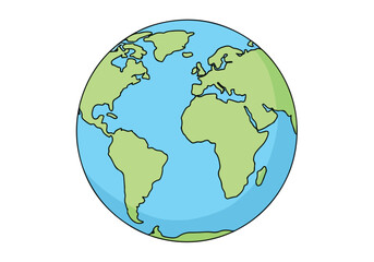 Fototapeta premium A colorful cartoon illustration of the Earth with green continents and blue oceans on a white background
