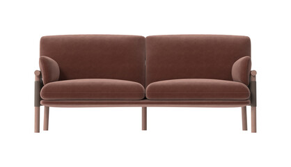 Fototapeta premium Modern Scandinavian Two Seater Sofa with Velvet Upholstery and Wood Frame Front View on White Background