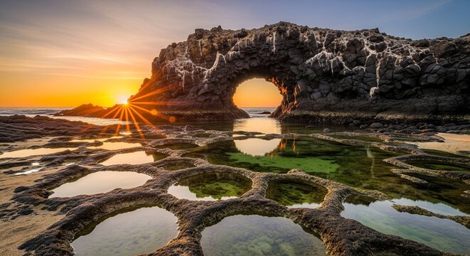 A beautiful coastal rock arch with natural round tide pools filled with green moss and water during a bright ocean sunset