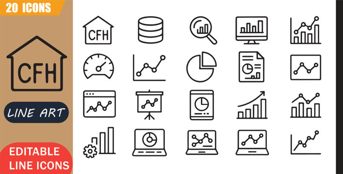 Isolated Data Analytics Dashboard Icons Set, 20 editable line art icons set, cfh statistics, chart report, digital insight, business metrics, analytics dashboard, outline vector, simple outline signs