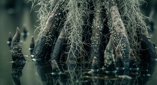 Close-up shot of a cypress tree trunk covered in Spanish moss and tiny white shells or barnacles emerging from dark swamp water