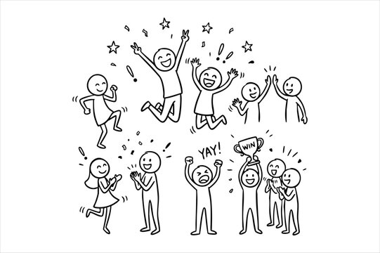 Happy stick figure people celebrating success and jumping for joy doodle illustration with celebrating