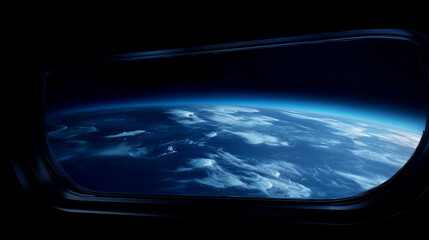 Fototapeta premium Earth viewed from a spacecraft window in low orbit, curved planet horizon with clouds and blue atmosphere, dark cabin frame, ultra-realistic cinematic space photography A realistic
