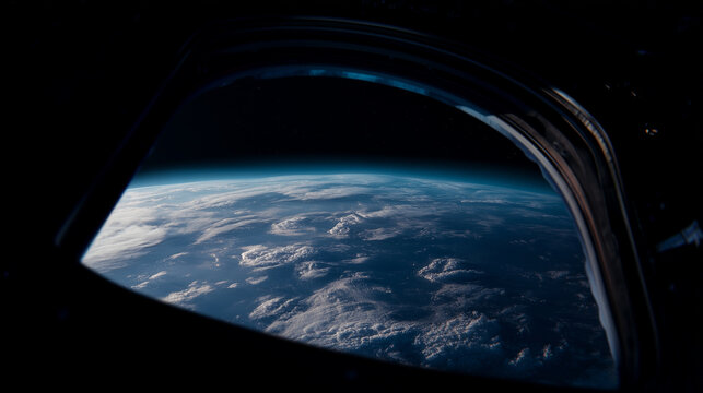 Planet Earth seen through a dark spacecraft window, orbital clouds and blue atmosphere, realistic space station view, premium documentary science photography A cinematic view from
