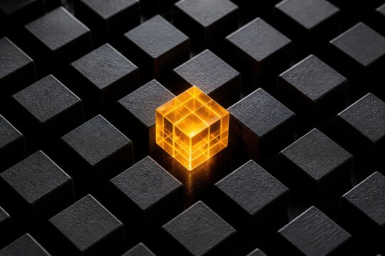 Glowing orange cube among dark geometric blocks in abstract 3D technology concept