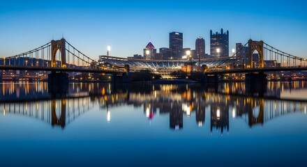 Obraz premium Pittsburgh Pennsylvania Skyline at Blue Hour with Bridge Reflections