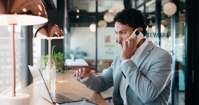 Laptop, cafe or businessman with phone call for remote work, investment review or planning for taxes. Smile, typing email and advisor with tech for wealth management advice, freelancer and restaurant