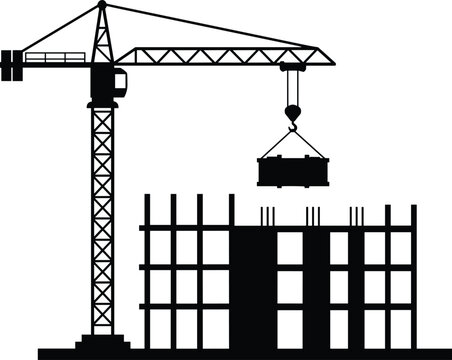 Construction, site, silhouette, building, crane, lifting, cargo, container, framework, industry, engineering, developer, property, real, estate, machinery, project, urban, vector, illustration,