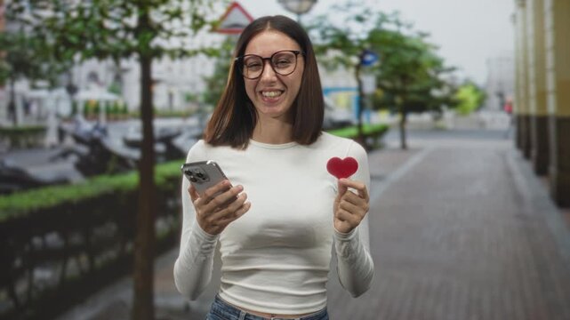 Woman in glasses holding a small red heart and smiling while reading a message on her smartphone in casual jeans on a city street lined with trees; romantic joy.