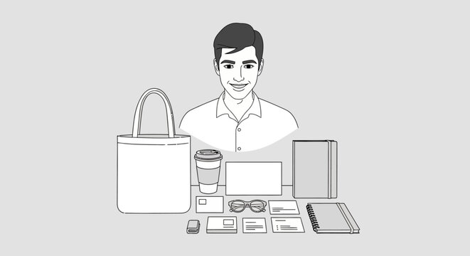 Man with various branded merchandise items on display.