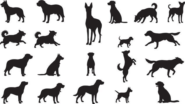 Dog Silhouettes Icon Set Showing Different Breeds and Poses, Simple Vector Style for Labels, Posters, and Pet Designs