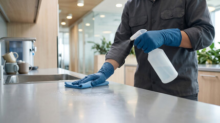 Obraz premium professional janitor in uniform and gloves spraying disinfectant and wiping clean countertop surface in modern office kitchen breakroom