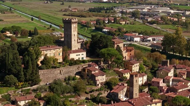 Vicopisano Medieval Village Aerial Drone View Tuscany Italy Fortress Castle by Brunelleschi. Ancient italian Borgo Hidden Gem Landscape Scenic Green Fields Cinematic Travel Destination