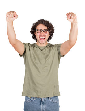 Joyful and excited young man keeps fists tight raised up, contented fan emotion, isolated on transparent background. Grateful supporter guy winning celebrating, success achievement concept