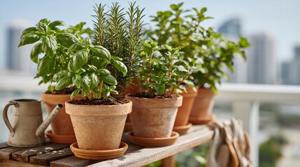 Fototapeta premium Potted herbs grow on a wooden shelf.