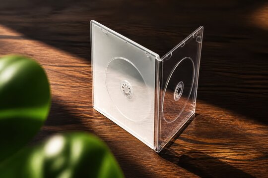 Transparent CD jewel case on wooden table with warm sunlight and soft green plant blur