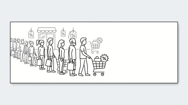 Line of shoppers waiting in a queue with shopping carts.