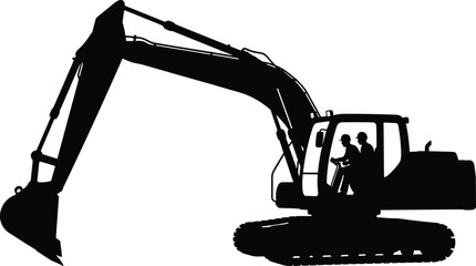 Excavator, silhouette, with, construction, worker, operator, driver, cabin, heavy, machinery, engineering, digger, vehicle, building, site, industrial, equipment, vector, illustration, isolated, © SUMAIYA
