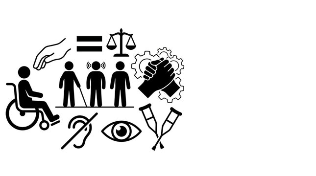 Inclusive society icons set representing disability and accessibility awareness.