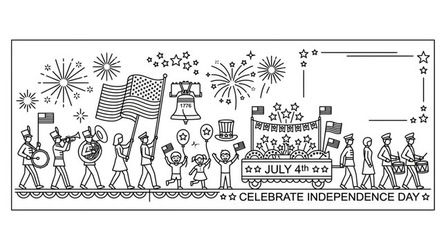Independence Day parade coloring page illustration with marching band and float.