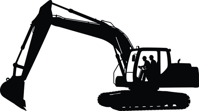 Excavator, silhouette, with, construction, worker, operator, driver, cabin, heavy, machinery, engineering, digger, vehicle, building, site, industrial, equipment, vector, illustration, isolated,