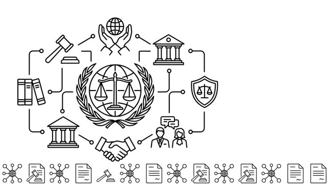 International law and justice conceptual outline illustration.