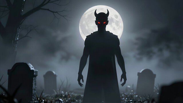 Dark silhouette of a demon with glowing red eyes standing in a spooky graveyard under a full moon. This eerie night landscape features mist and tombstones for a horror theme