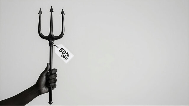 Hand holding a black trident with a discount price tag. Minimalist concept for a devilish sale or promotion. High resolution image with copy space for commercial design