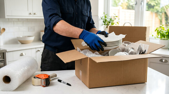 professional mover in uniform and gloves carefully packing fragile kitchen plates and glasses into a cardboard box with bubble wrap for relocation service