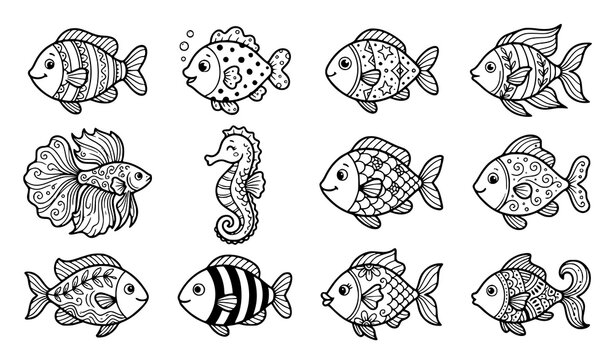Cute Tropical Fish and Seahorse Illustration Collection with Marine Life Sketch Elements