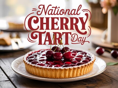 Delicious cherry tart on a plate with text overlay for national cherry tart day celebration