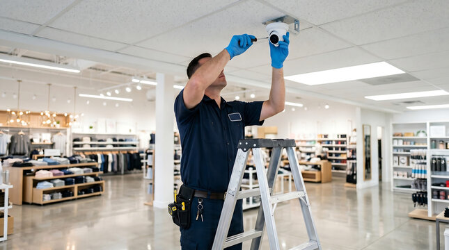 professional technician on a stepladder installing and adjusting a cctv security dome camera on the ceiling of a modern retail clothing store boutique