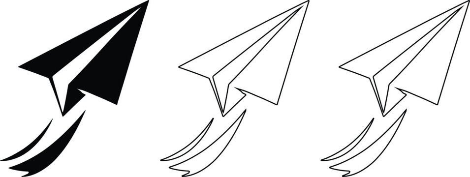 Paper plane flight vector icons in black silhouette and white outline styles for travel and message concepts.
