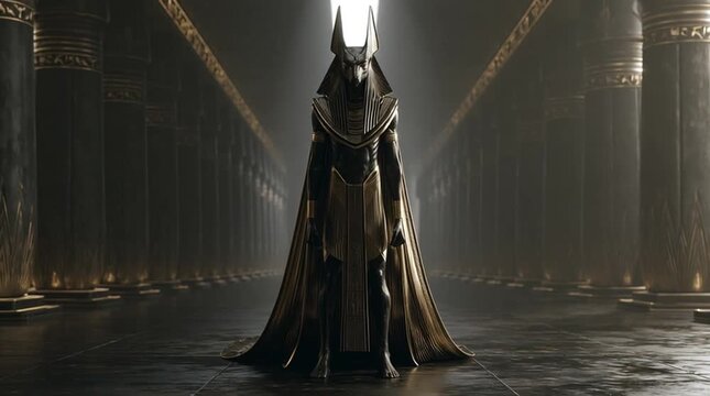 Anubis standing alone inside an ancient Egyptian tomb corridor, massive stone walls with deeply carved hieroglyphs, narrow beams of golden light illuminating dust