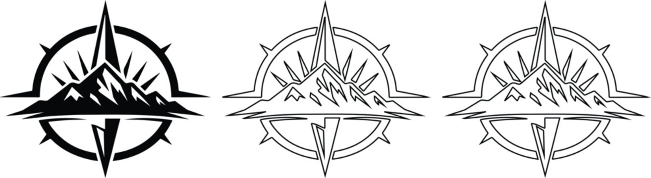 Mountain range with compass rose navigation symbol vector set in silhouette and outline for outdoor adventure.