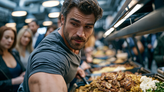 Crowded urban food hall at lunchtime wit 1