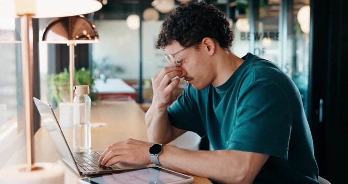 Eye strain, specs and man in office with laptop, headache or vision discomfort with brain fog. Screen fatigue, glasses or person in workplace with tech, migraine pressure or sore head with dizziness