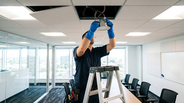 professional electrician on a stepladder installing and wiring an led recessed ceiling light fixture inside a corporate office conference boardroom