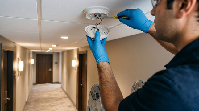 professional technician on a stepladder installing and testing a white smoke detector fire alarm system on a hotel corridor ceiling