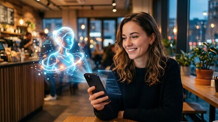 Fototapeta premium Woman interacts with holographic AI assistant on smartphone in cafe.