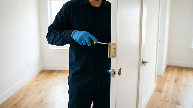 professional handyman in uniform and blue safety gloves using a screwdriver to adjust and repair a gold metal door hinge mechanism inside a residential home room