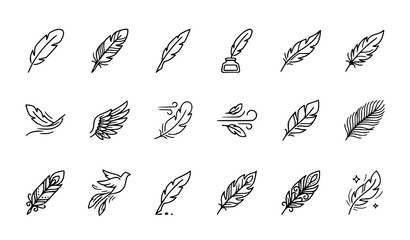 Fototapeta premium Minimal Feather Doodle Collection with Decorative Hand Drawn Feather Sketch Vector Elements