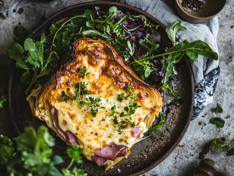 A high quality photo of a croque monsieur sandwich served with a side of fresh greens, showcasing a delicious and appetizing meal.