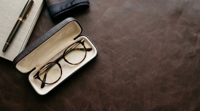 Eyeglasses in a case with a pen and notebook on a textured leather surface