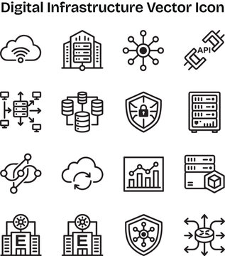 Premium Digital Infrastructure Monochrome Vector Icon Set