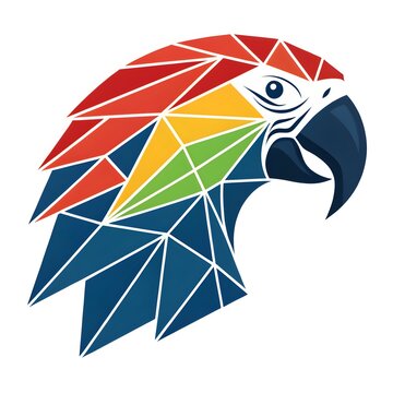 Low poly geometric parrot head logo design featuring vibrant multi colored triangular mesh.