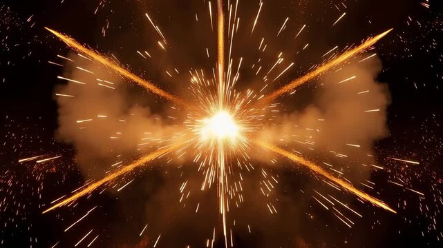 Dramatic golden fireworks explosion with bright sparks against dark night sky 4k video